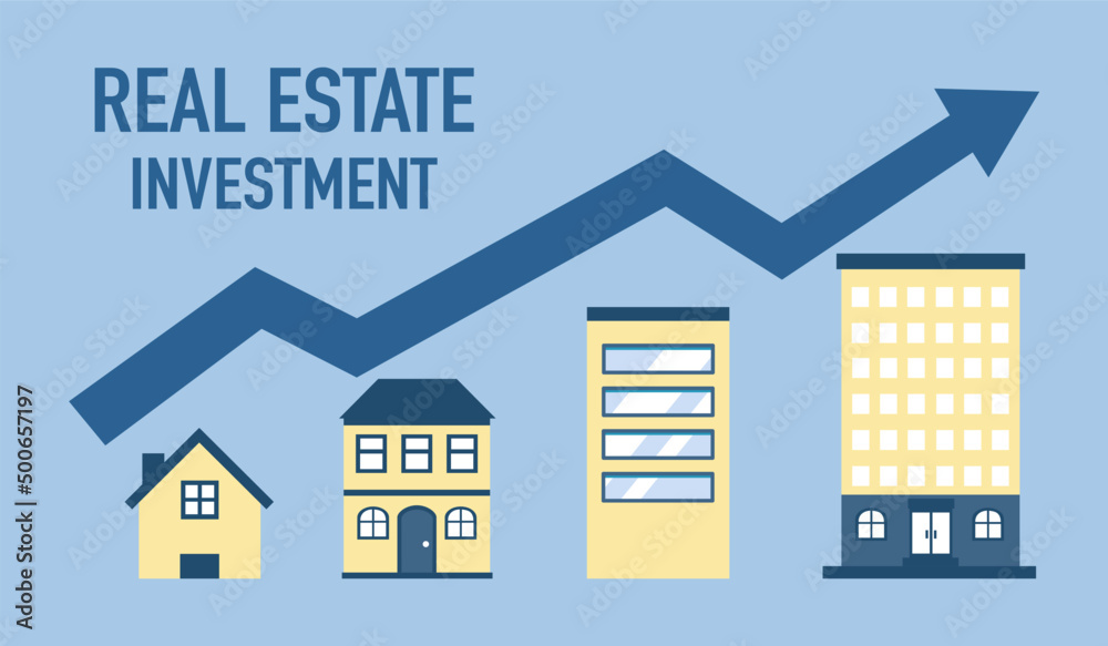 Real estate investment business concept vector illustration. Architecture building, and rising arrow in flat design.