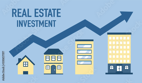 Real estate investment business concept vector illustration. Architecture building, and rising arrow in flat design.