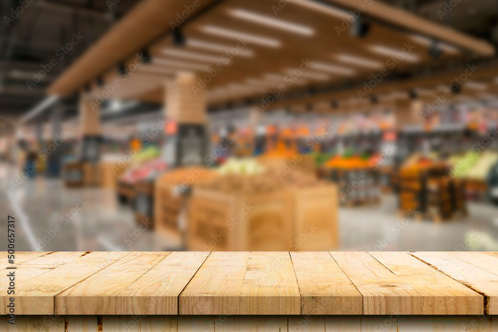 Table top counter with Blur Shelf display interior of Retail shop background