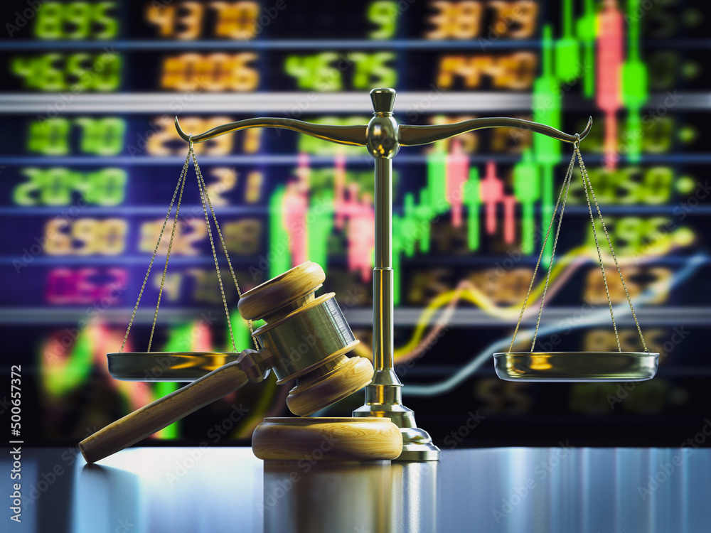 Financial law with law scale and gavel judge on stock market exchange board Financial law with law scale and gavel judge on stock market exchange board