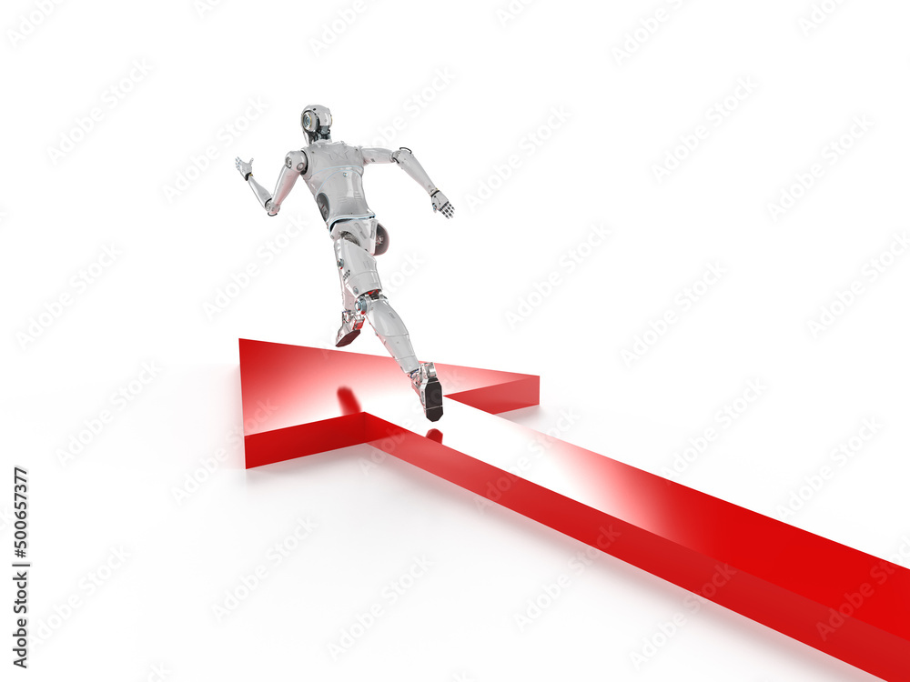 Technology for business leadership with robot running on red arrow Technology for business leadership with robot running on red arrow