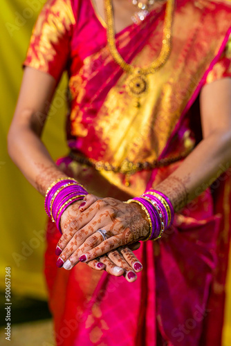 South Indian Tamil bride's wedding henna mehendi mehndi hands close up © Stella Kou