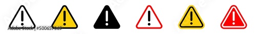 Exclamation mark on triangle sign. Warning icon set. Hazard warning attention sign. Isolated attention symbols on white background. Vector illustration. 
