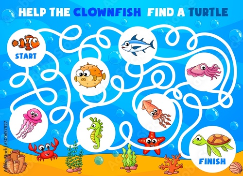 Labyrinth maze vector worksheet with underwater cartoon animals and fish in blue sea. Kids education puzzle game with help the clownfish find way to sea turtle, crab, squid, jellyfish or starfish