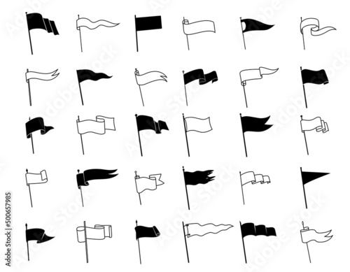 Retro pennant flags, banner pendants and waving blank signs on flagpoles, vector icon. Sport camp or university and varsity royal club pennant flags in white and black line outline or silhouettes