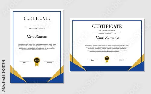 simple certificate in blue and gold color flat style.