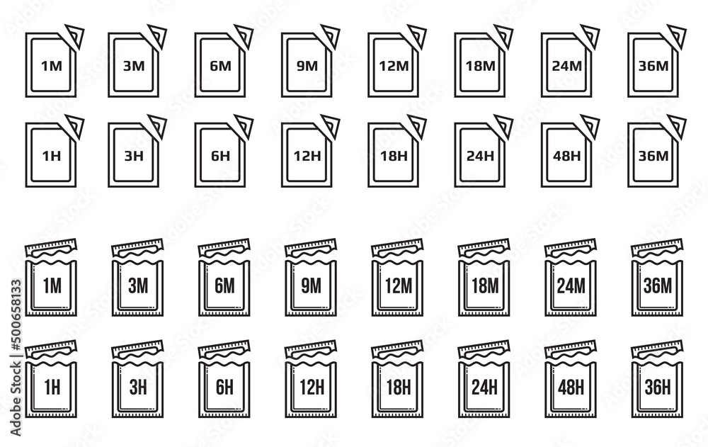 Pao icons. Period after open expiration symbols, sachet bag or packet