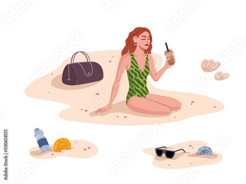 Young pretty woman relaxing with bubble milk on beach sand, vector sea vacations. Girl in bikini swimsuit at seaside beach drinking bubble tea with bag and sunglasses at beach sand