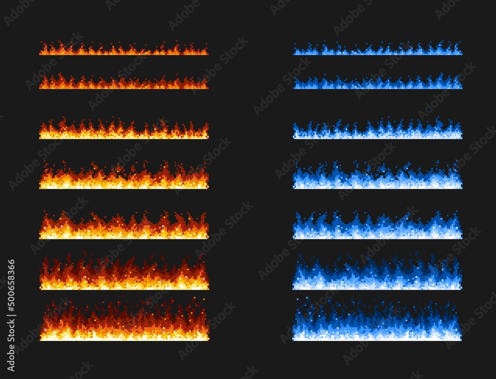 Pixel art fire game animation, blue and red flames effect for vector 8 bit  background. Cartoon pixel art firewall or bonfire burn, animated fireball  blaze of burning wildfire for 8bit animation Stock