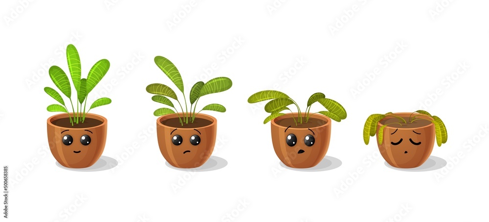 Vecteur Stock Cartoon flower, wither plant in pot, green leaf wilting and  faded, vector sick dry sad sprout. Funny flower plant in flowerpot happy  growing and withered or wilted, sad emoji emoticon
