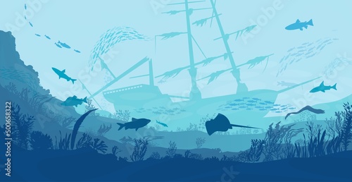 Canvas Print Underwater landscape, sea or ocean undersea with ship wrecks, vector silhouette background