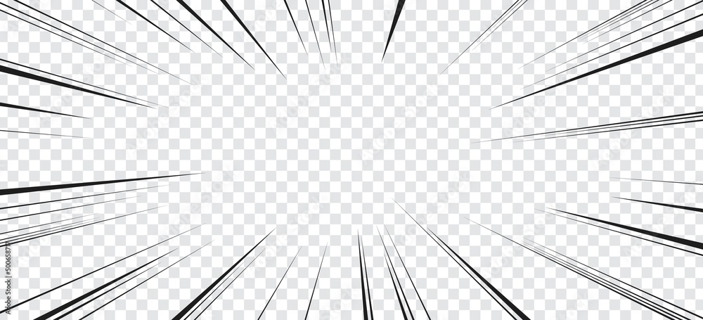 Fototapeta premium Manga transparent comic explosion, motion or movement effect, vector background. Manga anime cartoon radial speed lines and abstract pattern for comic book burst, flash ray or explode bang action