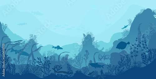 Fotografie, Obraz Underwater landscape, sea or ocean undersea deep waters, vector cartoon background