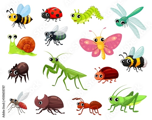 Cartoon insects, funny kid characters, vector cute butterfly, ant and fly, vector bugs. Cartoon bee with dragonfly and spider, ladybug and grasshopper with caterpillar worm and beetle © Buch&Bee