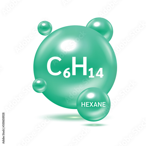 Hexane gas molecule models and Physical chemical formulas. Natural gas combustible gaseous fuel. Ecology and biochemistry science concept. Isolated on white background. 3D Vector Illustration.