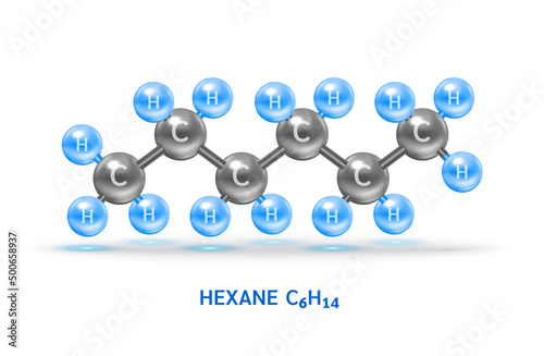 Hexane gas (C6H14) molecule models and Physical chemical formulas. Natural gas combustible gaseous fuel. Ecology and biochemistry science concept. Isolated on white background. 3D Vector Illustration.
