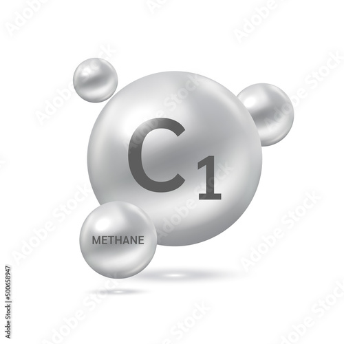Methane gas molecule models and Physical chemical formulas. Natural gas combustible gaseous fuel. Ecology and biochemistry science concept. Isolated on white background. 3D Vector Illustration.