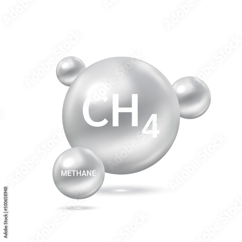 Methane gas molecule models and Physical chemical formulas. Natural gas combustible gaseous fuel. Ecology and biochemistry science concept. Isolated on white background. 3D Vector Illustration.