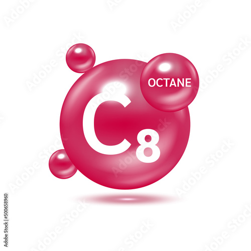 Octane gas molecule models and Physical chemical formulas. Natural gas combustible gaseous fuel. Ecology and biochemistry science concept. Isolated on white background. 3D Vector Illustration.