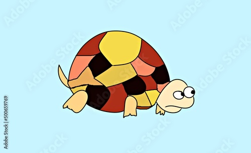 Tortoiseshell cute fat cartoon turtle multicolored background blue illustration