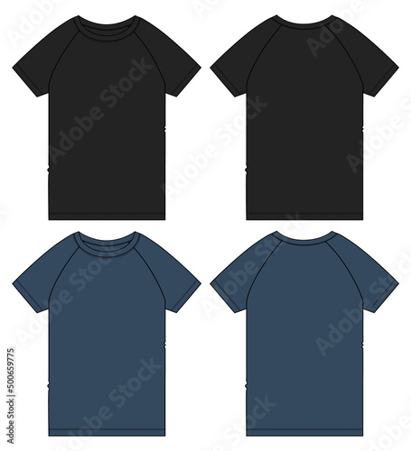 Short sleeve raglan t shirt Technical fashion flat sketch vector illustration black and navy blue Color template front and back views isolated on white background. Apparel Design Mock up Cad.