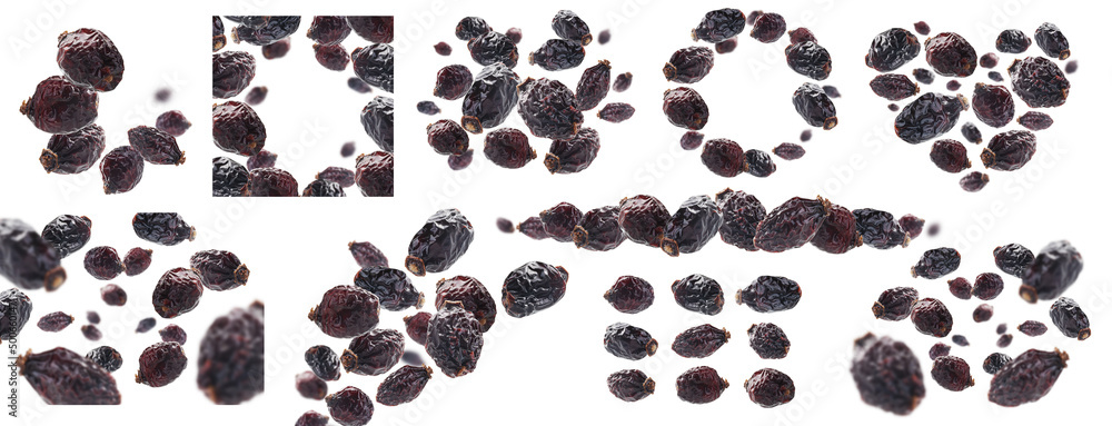 Fototapeta premium A set of photos. Dried rosehip berries levitate on a white background