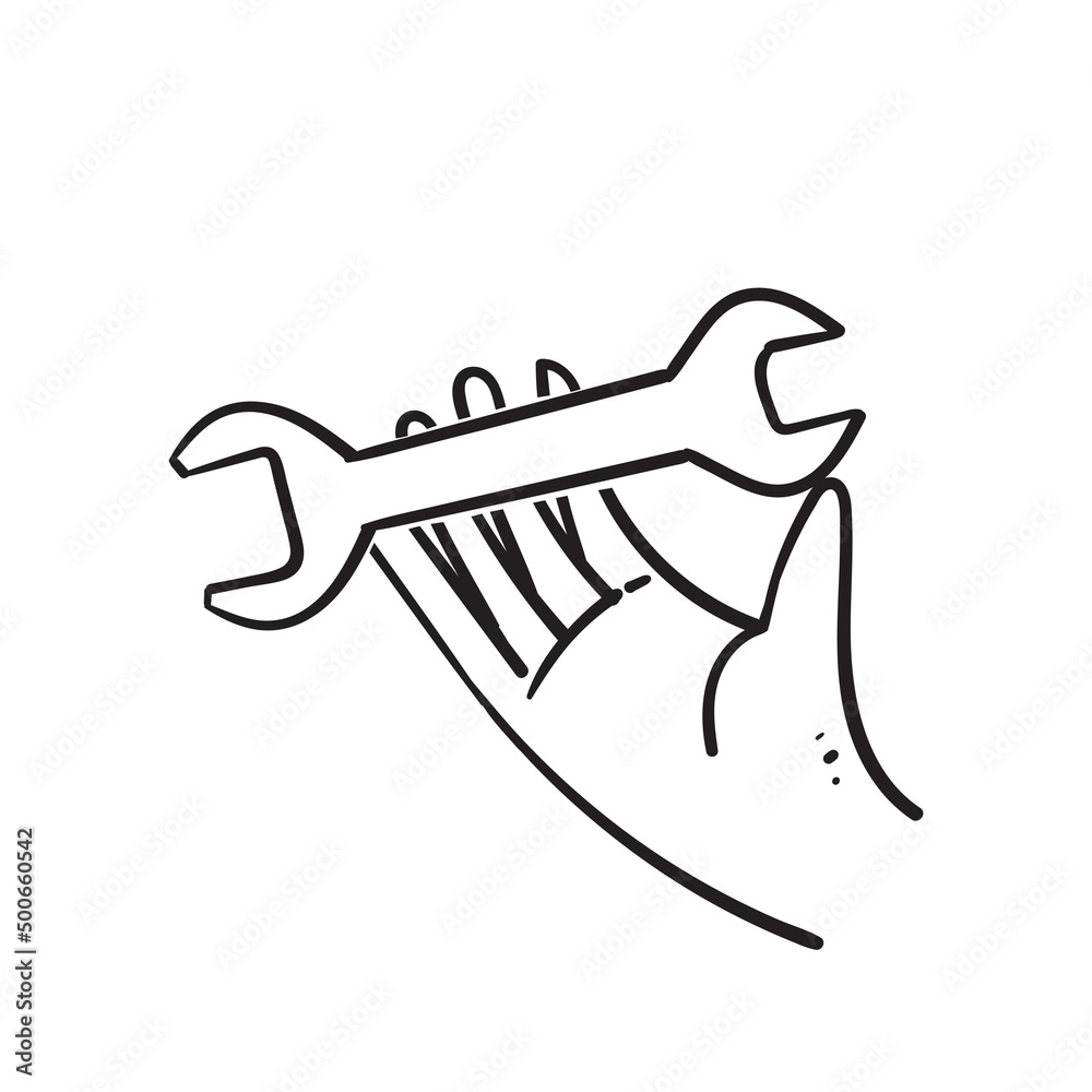 hand drawn doodle hand holding wrench illustration vector hand drawn doodle hand holding wrench illustration vector