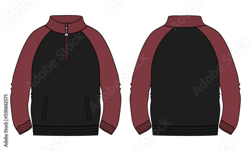Two tone Black and Red Color Long sleeve jacket with pocket and zipper technical fashion flat sketch vector illustration template. Fleece jersey sweatshirt jacket for men's and boys
