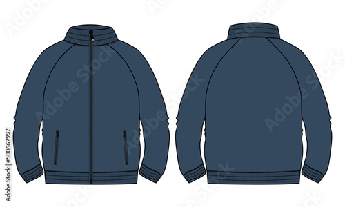  Long sleeve jacket with pocket and zipper technical fashion flat sketch vector illustration navy blue color  template front, back views. Fleece jersey sweatshirt jacket for men's and boys