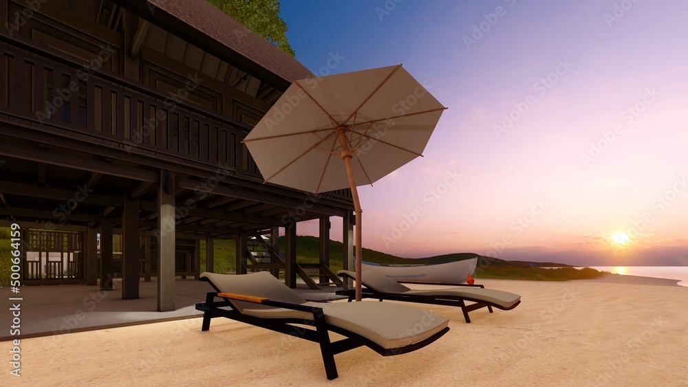 sun bed on tropical wooden house architecture design 3d illustration