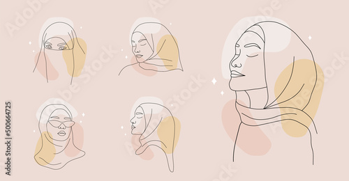 Set of minimalist female portraits on colored spots. Linear islamic women in hijab with closed eyes. Vector illustration in one line drawing style. Perfect for beauty logo.