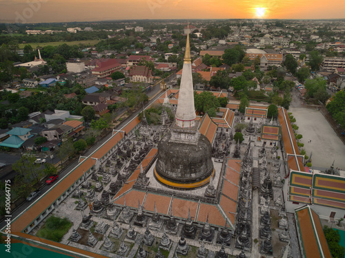 Wat Phra Mahathat Woramahawihan pagoda in the evening beautiful sky Nakhon Si Thammarat, Thailand, high angle