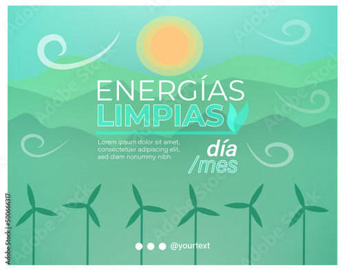 Invitación temática de energías limpias. Energía eólica, aerogeneradores o molinos de viento.