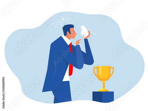 Imposter syndrome,business man holding mask look himself with Anxiety and lack of self confidence at work; the person fakes is someone else concept vector illustrator