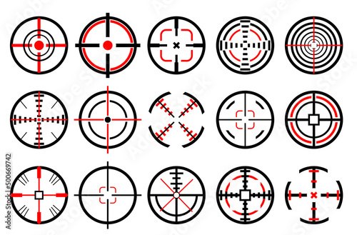 
Crosshairs icons set on white background.  Target aim and aiming to bullseye signs symbol. Various graphic games shooters icons.
