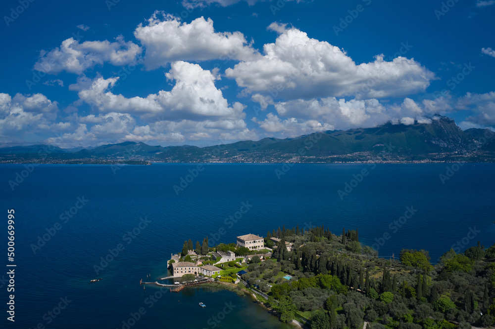 Top view of baia delle sirene on the coastline of Lake Garda. Aerial view of Parco Baia delle Sirene, Lake Garda, Italy. Panorama of punta san vigilio.