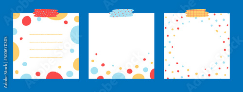 Set of cute colorful dot notepad with tape hand drawn vector illustration. Template paper for sticker note, memo. Cartoon style. Isolated on white..