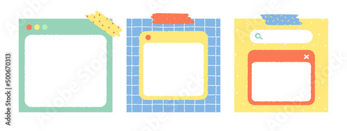 Set of cute colorful web browser window notepad with tape hand drawn vector illustration. Empty pop up. Template paper for sticker note, memo. Cartoon style. Isolated on white.