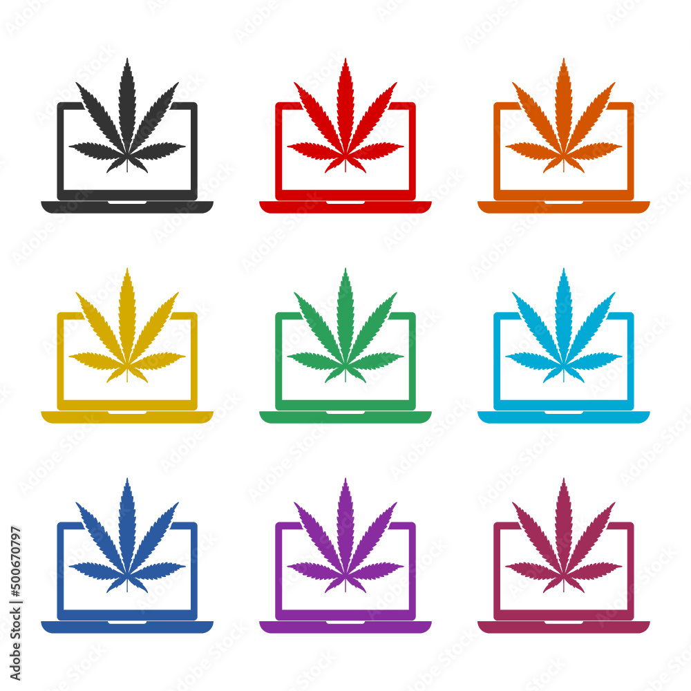 Laptop and medical marijuana or cannabis leaf icon isolated on white background Laptop and medical marijuana or cannabis leaf icon isolated on white background