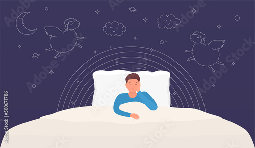 Man sleeps in bed under blanket. Concept healthy sweet dreams.