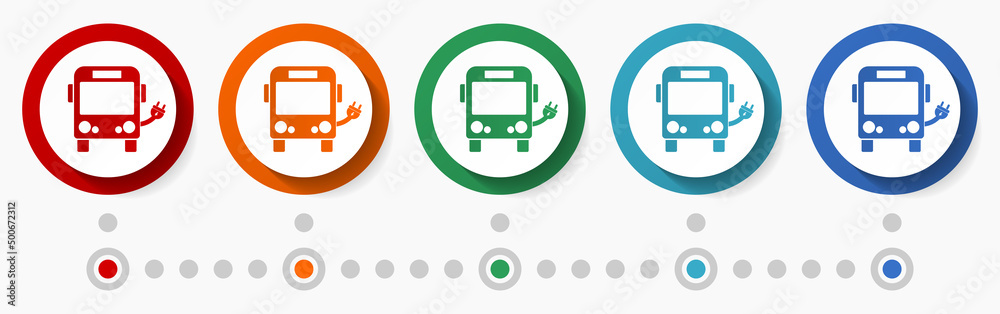 Electric bus concept vector icon set, infographic template, flat design circle colorful web buttons in 5 color options Electric bus concept vector icon set, infographic template, flat design circle colorful web buttons in 5 color options