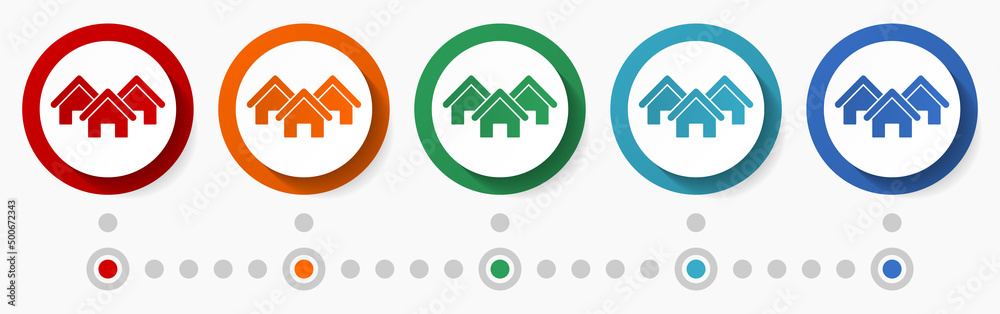 Home, house concept vector icon set, infographic template, flat design circle colorful web buttons in 5 color options - obrazy, fototapety, plakaty 