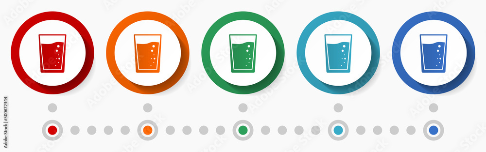 Water, drink concept vector icon set, infographic template, flat design circle colorful web buttons in 5 color options Water, drink concept vector icon set, infographic template, flat design circle colorful web buttons in 5 color options