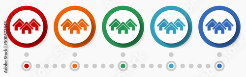 Home, house concept vector icon set, infographic template, flat design circle colorful web buttons in 5 color options