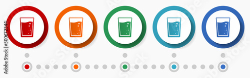 Water, drink concept vector icon set, infographic template, flat design circle colorful web buttons in 5 color options