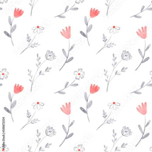 Watercolor seamless pattern with flowers. Hand-drawn floral ornament on white background