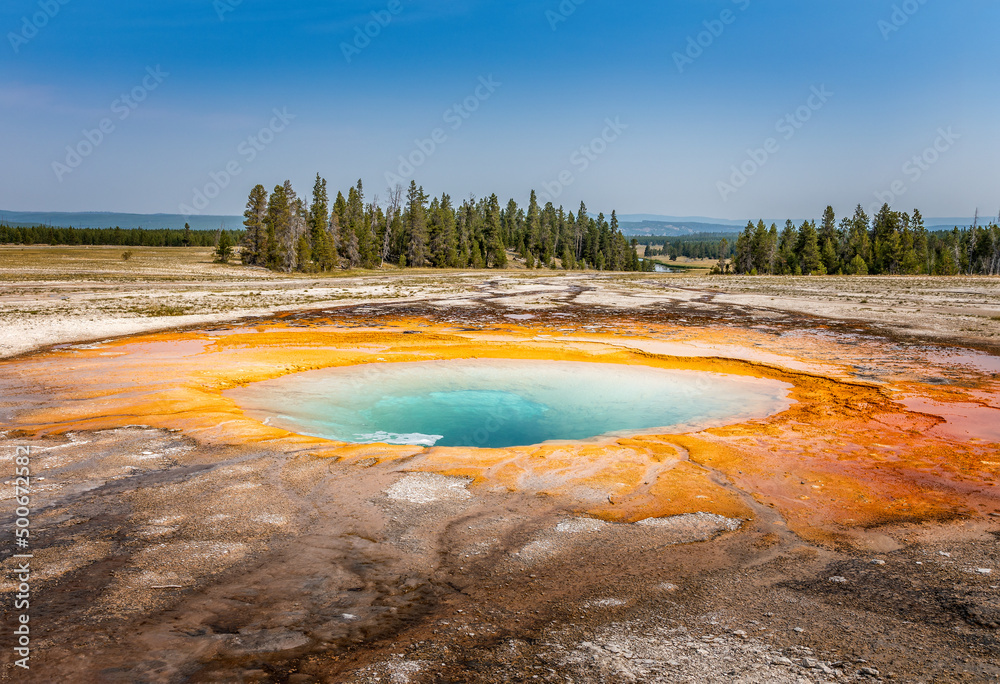 Panorama of the Turquise pool besides the Grand Prismatic Spring in the Yellowstone National Park, Wyoming Panorama of the Turquise pool besides the Grand Prismatic Spring in the Yellowstone National Park, Wyoming