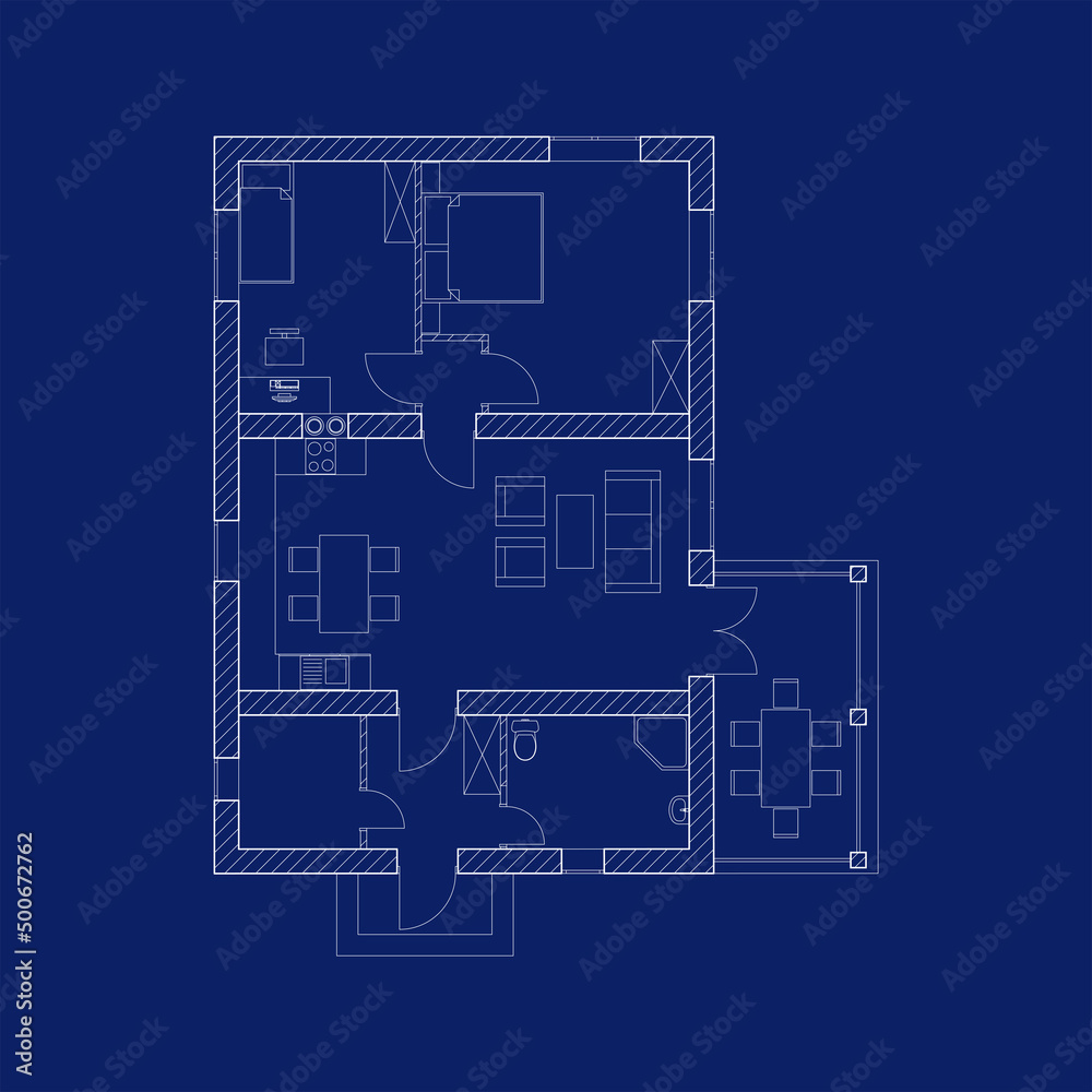 Blueprint floor plan of a modern house. Interior with furniture. Vector illustration. Architectural background.