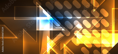 Background neon glowing lines and geometric shapes. Lights in the dark wallpaper for concept of AI technology, blockchain, digital, communication, 5G, science