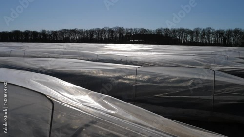 Plastikfolien und Plastikplanen in der Landwirtschaft.
Kultivierung von Spargel im Frühjahr in Deutschland.
Sonnige Reflexe auf der Folie